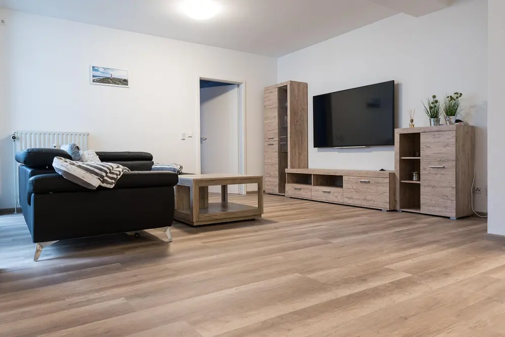 Living room with TV and leather sofa