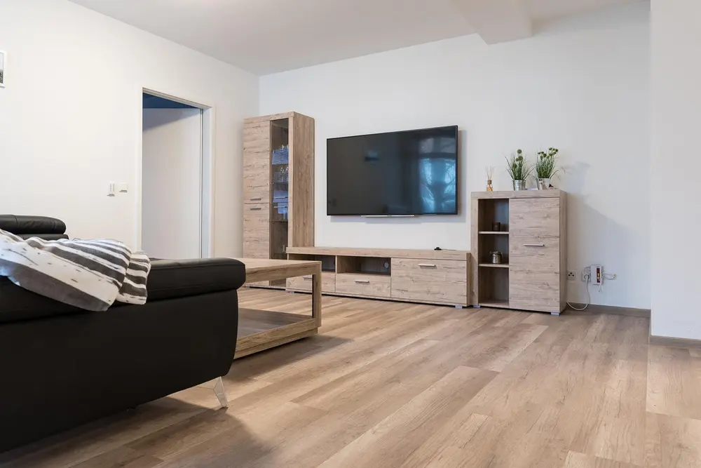 Living room wall unit with flat-screen TV and sofa