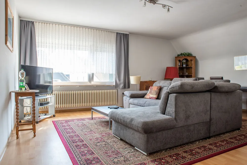 Living room with grey corner sofa and carpet in the Ramstein apartment
